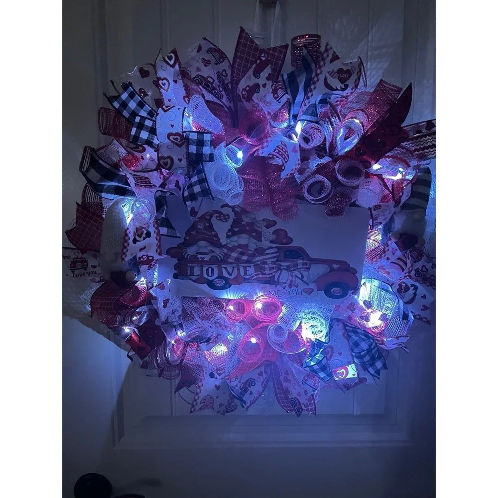 Handmade Valentine’s Gnome LOVE Truck Ribbon Prelit Wreath 22 ins LED W14